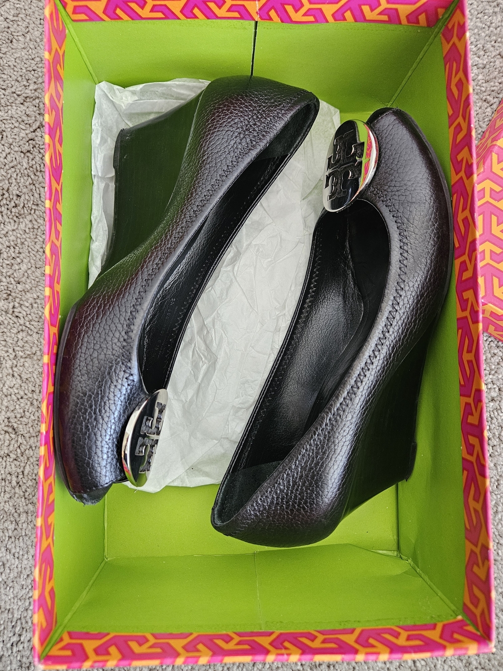Tory Burch Black Leather Peep-Toe Wedges with Silver Logo Accent - Picture 3 of 11